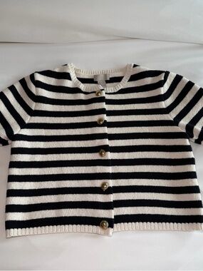 H&M Black and White Striped Short-Sleeve Knit Cardigan